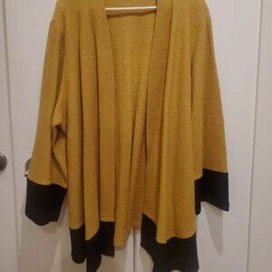 Kasper Boiled Wool Open Front Cardigan Yellow Mustard Black Colorblock Size L/XL